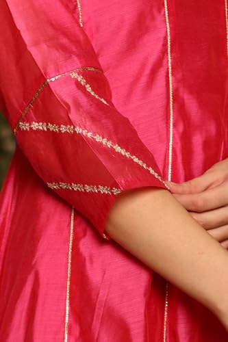 W for Woman Magenta Pink Chanderi Dori Embroidered Anarkali Kurta, Pants and Dupatta Set (Size: XL)-24AUWS11468-221979