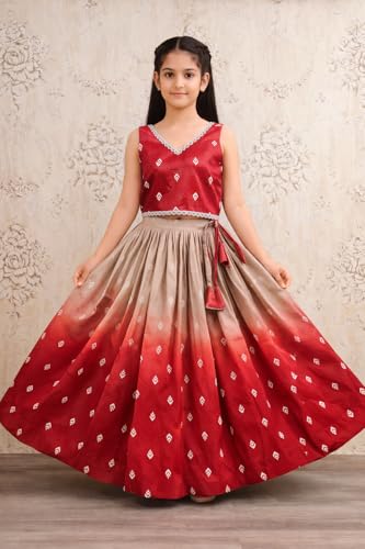 Kidsella Girls Soft Silk Printed Lehenga Choli Set | Kids Readymade Ethnic Wear | Girls Traditional Dress (Red, 3-4 Years)