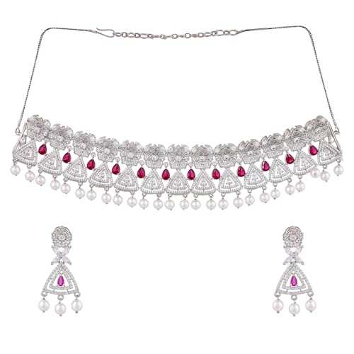 VOYLLA Cz Elegance Gems Adorned Choker Necklace Set For Women|Womens Jewellery Set|Gift For Women|Womens Gift|Gift For Her|