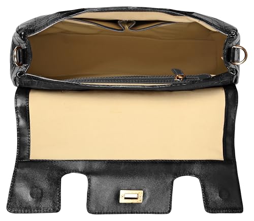 eske Noah Flap Handbag for Women Genuine Leather Satchel with Twist Lock Closure Dual Handles Detachable Sling Strap 1 Compartment Zipper and Slip Pockets Office Purse (Black)