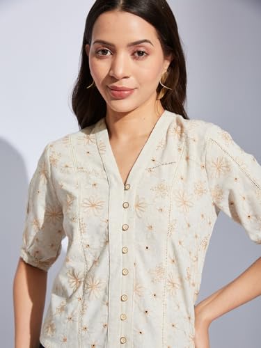 Latin Quarters Women Beige V-Neck Half Sleeves Printed Shirt Blouse for Casual Wear_XL