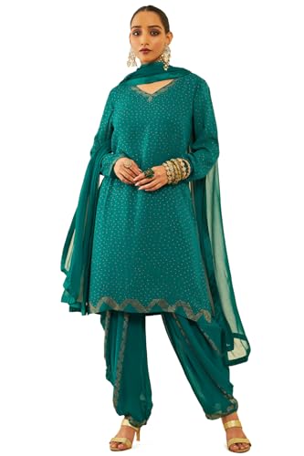 Soch Womens Teal Georgette Embellished Suit Set With Stones