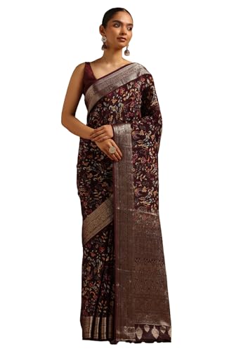 Soch Womens Wine Silk Botanical Saree With Zari Woven