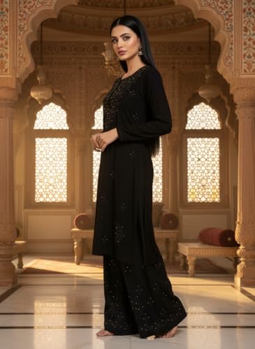 Fashion Chikan Art Women’s Lucknowi Rayon Mukaish Chikankari Straight Kurti & Palazzo Set | Hand-Embroidered Ethnic Wear | Festive & Casual Wear Kurta Set (S, Black)