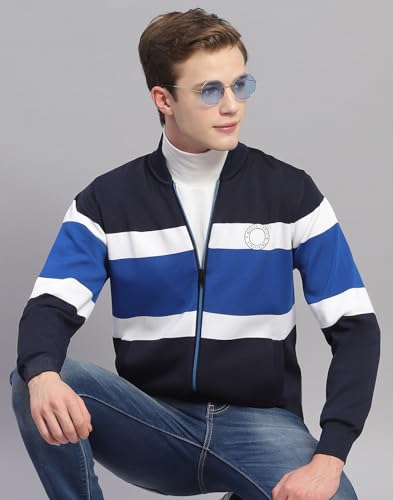 Monte Carlo Mens Navy Blue Striped Mandarin Collar Full Sleeve Polyester Casual Sweater (1239384FZ-1-40)