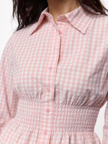 The Souled Store Picnic Plaid: Women and Girls Full Sleeves Spread Collar Pink Checked Cotton Slim Fit Smocked Waist Lightweight Easy to Style Trendy Summer Ready Shirt