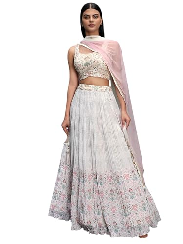Zeel Clothing Women's Floral Printed Georgette New Lehenga Choli with Dupatta (5081-White-Women-Lehenga-Choli; Free Size)