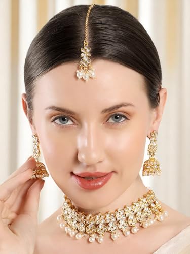 OOMPH Jewellery Kundan Jadau Ethnic Choker Necklace Set - with Jhumka Earrings & Maangtikka For Women & Girls Stylish Latest (DPSET151_Z)- For Women & Girls Stylish Latest