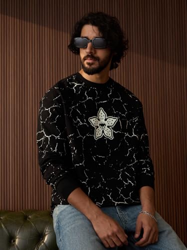 The Souled Store Stranger Things: Hellfire Glow Men and Boys Long Sleeves Round Neck Black Graphic Printed Casual Lightweight Drop Shoulder Streetwear Trendy Oversized Full Sleeve T-Shirt