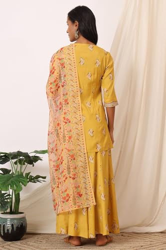W for Woman Mustard Yellow Printed Short Shantung Kurti, Culottes and Dupatta Set (Size: XS)-WS12644-125062