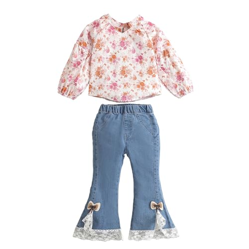 Hopscotch Girls Full Sleeves White 2-Pc Floral Bow Applique Blouse & Jeans For Age (18-24 Months)
