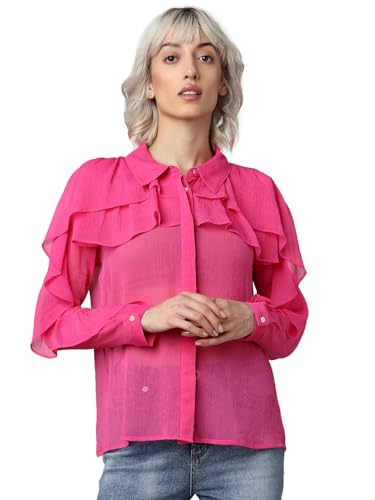 ONLY Women Solid Polyester Regular Fit Pink Shirt