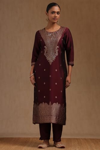 Soch Womens Wine Organza Zari Woven Suit Set With Cutdana
