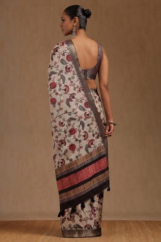Soch Womens Cream Tussar Floral Print Saree