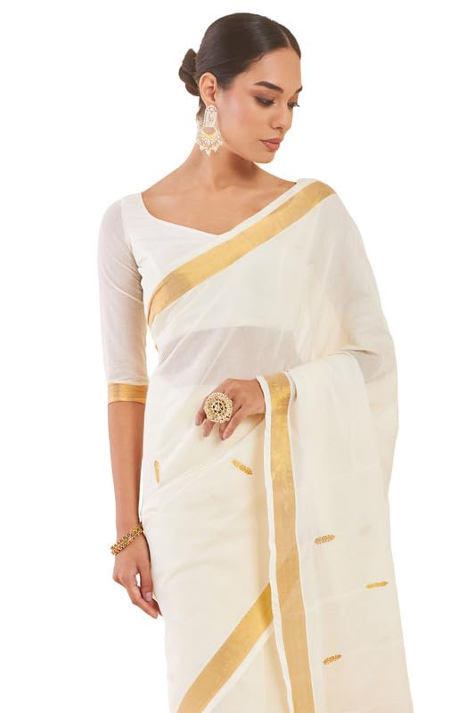 Soch Women Off White Cotton Kasavu Saree With Zari Woven Borders And Motifs, Off-White