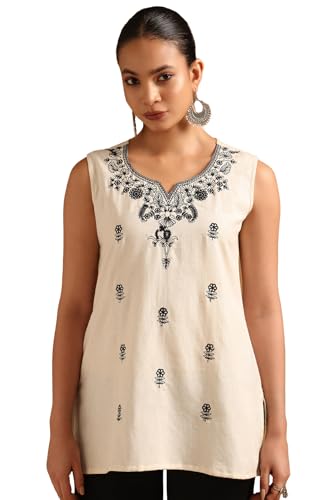 Soch Womens Off White Cotton Floral Tunic with Thread Work
