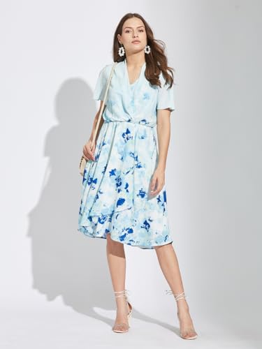 Latin Quarters Women Blue V-Neck Half Sleeves Tie Dye Knee Length A-Line Dress for Casual Wear_L