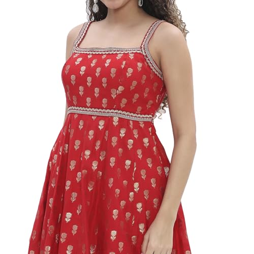 Biba Women Red Yarn-Dyed Strappy Anarkali Suit Set_36