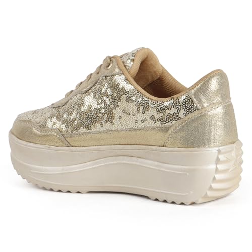 Vendoz Women Casual High Heel Sneakers I Cushioned Insole I All Day Comfortable I Lightweight and Stylish Shoes for Girls CNV4026GL-36 Gold