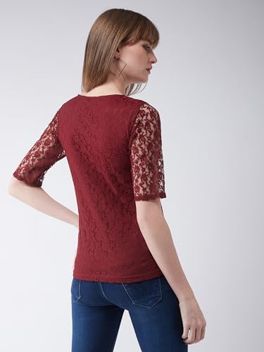 Miss Chase Women's Round Neck Half Sleeves Basic Lace Crop Top (MCAW25DEN63-03-616-03, Bright Maroon, S)