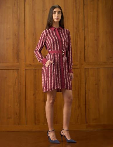 U.S. Polo ASSN. Women Abstract Printed Mini Shirt Dress with Belt (UWAW25DRS193_Red_S)