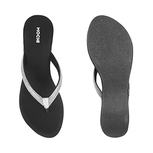 Mochi Women's Black Silver Studded Wedge Sandals | 4 Inch Heel Height | Premium Suede Open Toe Slip On Fashion Footwear | Lightweight | Comfort | Party, Casual, Festive, Stylish Wear | UK 3