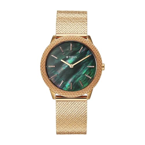 Titan Glamour Quartz Analog Green Mother of Pearl Dial Rose Gold Stainless Steel Strap Watch for Women
