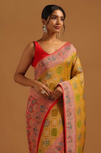 Soch Womens Mustard Georgette Bird Motifs Saree With Zari Woven