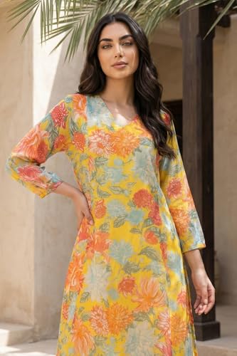 W for Woman Yellow Floral Printed Chiffon Straight Kurta with Pants and Dupatta Set - (WS13922-126973-XS)
