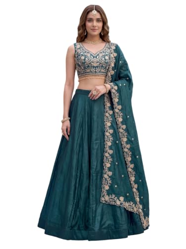 Zeel Clothing Women's Zari Sequins Embroidered Work Crush Silk Lehenga Choli With Dupatta (5136-Dove-Blue-Women-Lehenga-Choli; Free size)