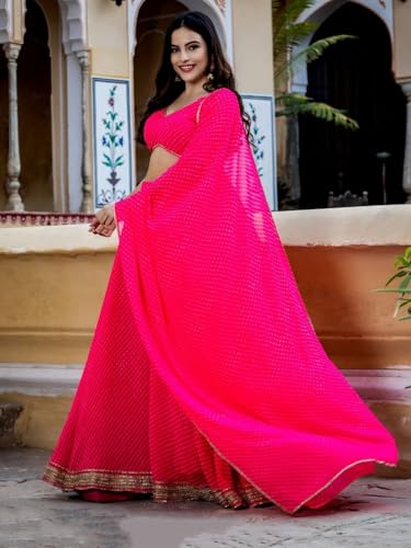 AG Clothing Women's Georgette Semi Stitched Lehenga Choli With Dupatta | Leheriya BAndhani Print And Lace Pattern | Traditional, Wedding,Navratri Ethnic Wear Lehenga (ZC-15049-Pink)