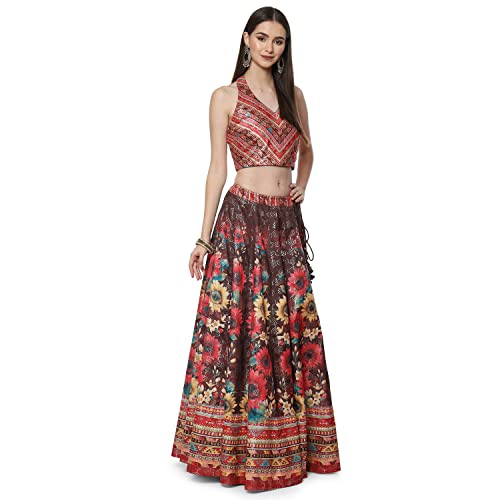 BIBA WOMEN PRINTED FLARED SALWAR KURTA DUPATTA(SKDASSORTED8199_CHOCO BROWN_38)