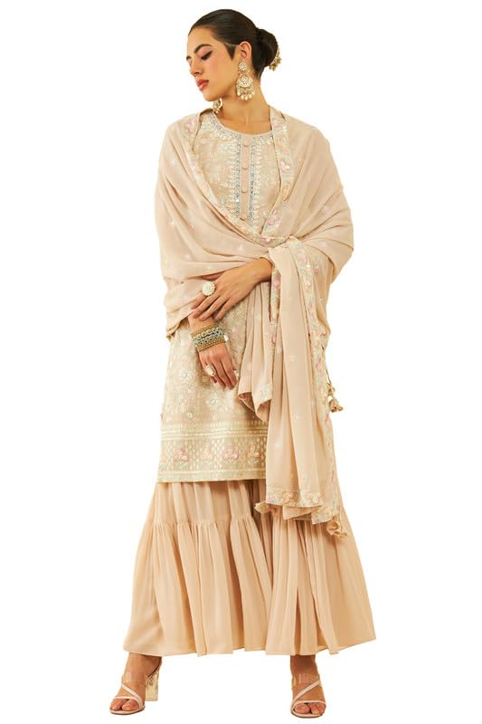 Soch Womens Beige Georgette Sequinned Embellished Suit Set with Tie-Ups