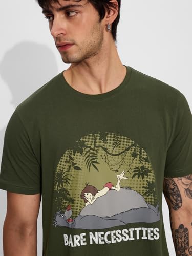 The Souled Store Official Disney: Bare Necessities Men and Boys Short Sleeves Round Neck Green Graphic Printed Regular Fit Cotton T-Shirts