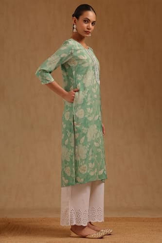 Soch Womens Light Green Muslin Botanical Print Kurta with Thread Work