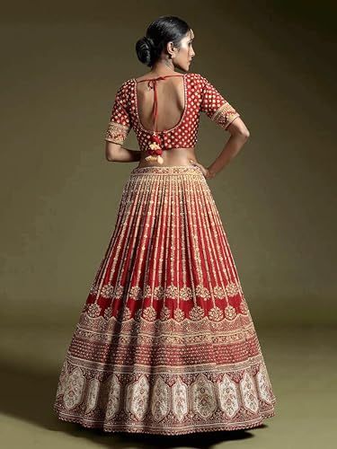 TRENDMALLS Women Satin Semi Stitched Embroidery With Golden Sequin Work Lehenga Choli With Dupatta - Bridal Lehenga Choli (L272-Maroon), 42