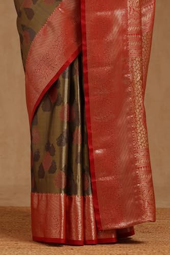 Soch Womens Olive Silk Blend Botanical Zari Woven Saree
