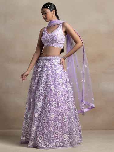 Zeel Clothing Women's Sequins Embroidered Soft Net Designer Lehenga Choli with Dupatta (5126-Lavender-Womens-Lehenga-Choli-Latest; Free Size) (Lavender)