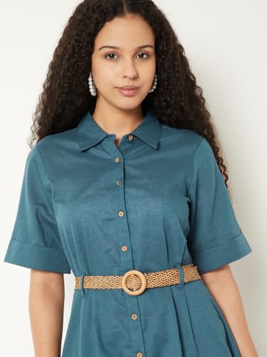 Max Kalki x Max Women Solid Shirt Midi Dress with Belt (Teal_L)