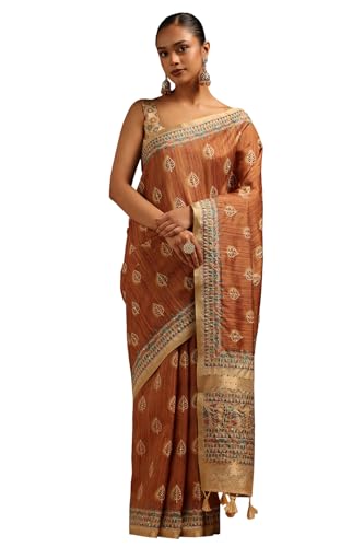 Soch Womens Gold Tussar Botanical Saree With Thread Work