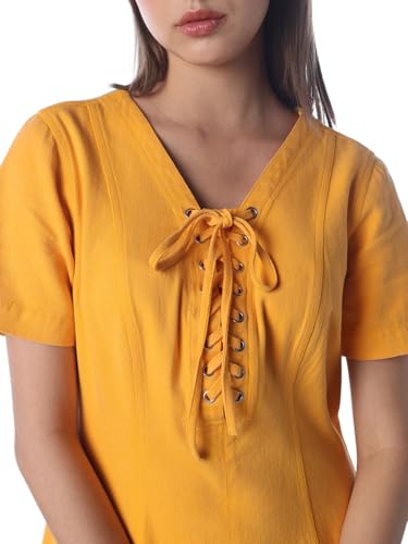 ONLY Women's Solid Fit and Flare Mustard Dress