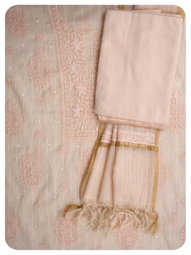 Ada Hand Embroidered Lucknowi Chikankari Unstitched Chanderi Dress Material Suit Piece with Dupatta for Women with Pearl Work 01A938020 Peach