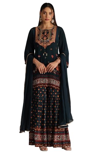 Soch Women's Teal Green Crepe Floral Print Suit Set With Mirror Work