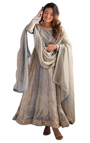 Leeli Peeri Designer Women's Fandy Silk Sequence Work Anarkali Kurta with Trouser and Dupatta(50PDM3-M)
