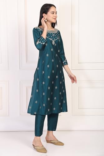 W for Woman Turquoise Embroidered Zari Sequined Straight Silk Blend Kurta with Straight Pant and Dupatta Set (WS13398-126896-M)
