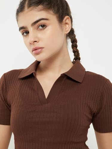 Max Women Ribbed Johnny Collar Sports T-Shirt (Brown_L)