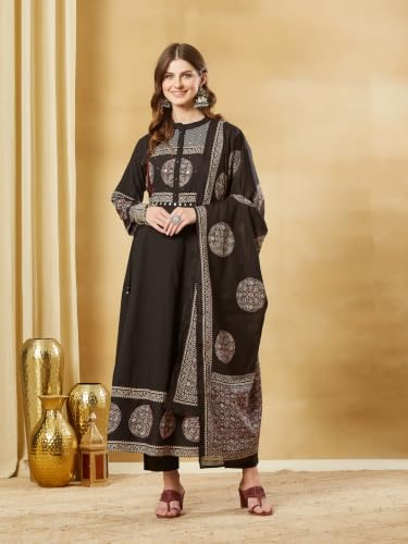 Divena Black Cotton Anarkali kurta Pant set With Dupatta