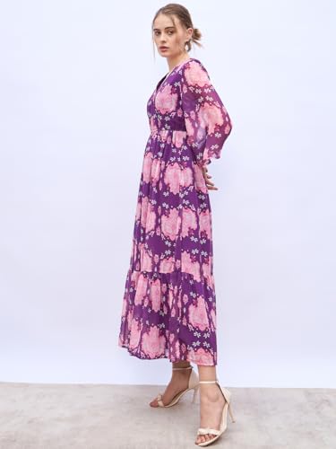 Women Long Sleeve Wrap Maxi Dress (Purple,L)