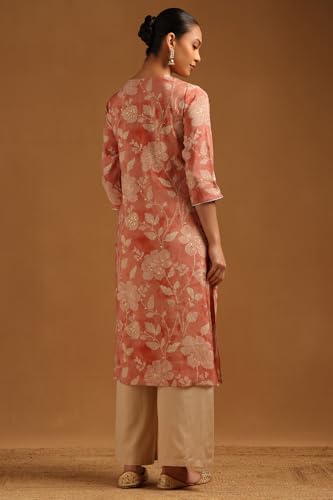 Soch Womens Peach Chanderi Floral Embroidered Kurta