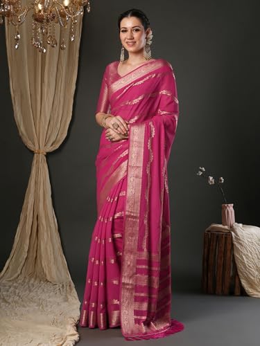 AKHILAM Women's Pink Pure Georgette Ethnic Motif Printed Saree With Unstitched Blouse Piece (KUSUM4001_NSM)
